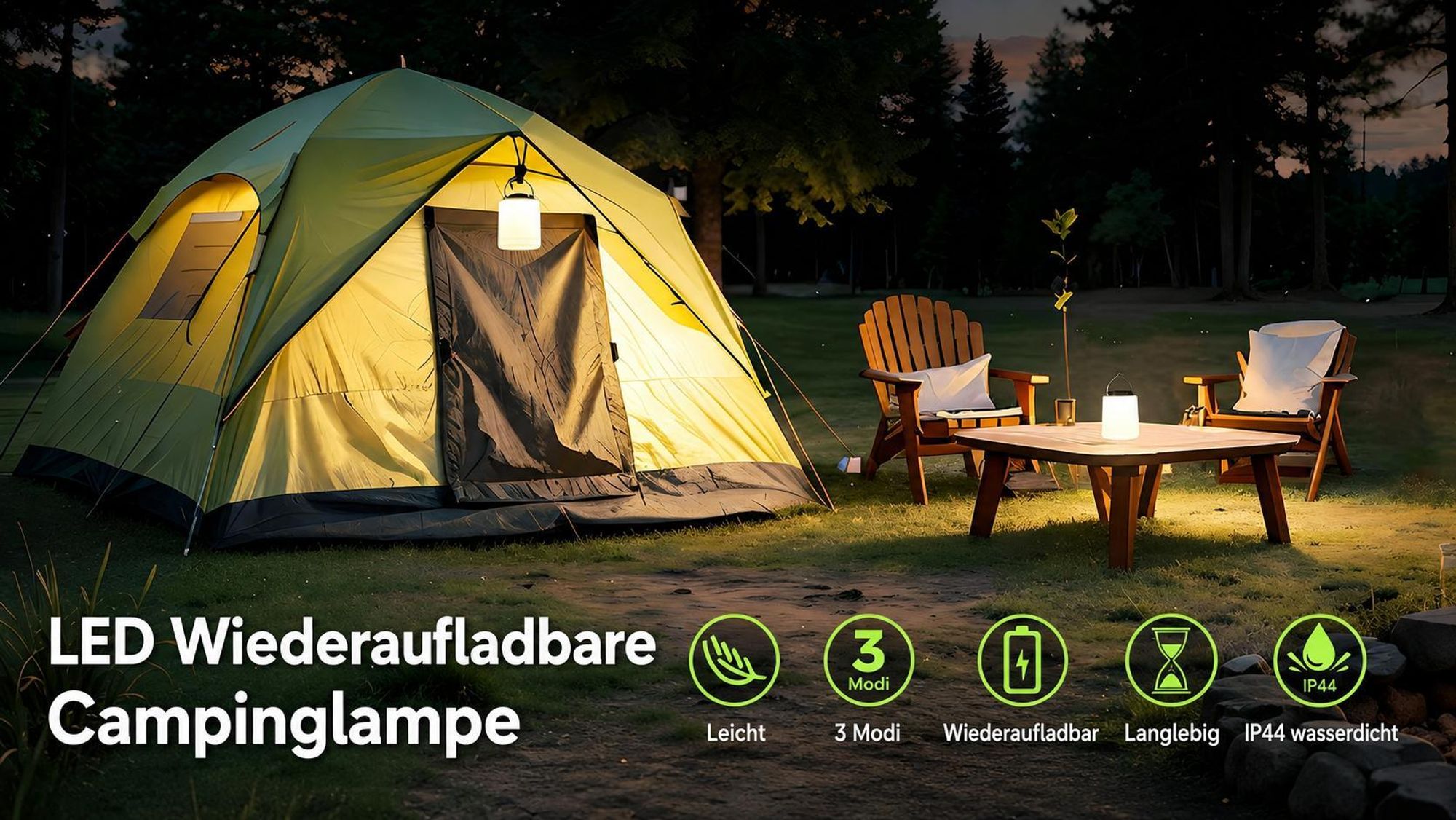 2er Campinglampe Wiederaufladbar, Camping Laterne, 3000K Warmweiß Licht, Helligkeit Einstellbar 3 Lichtmodi, 10+Std.Betriebsdauer Wasserdichte