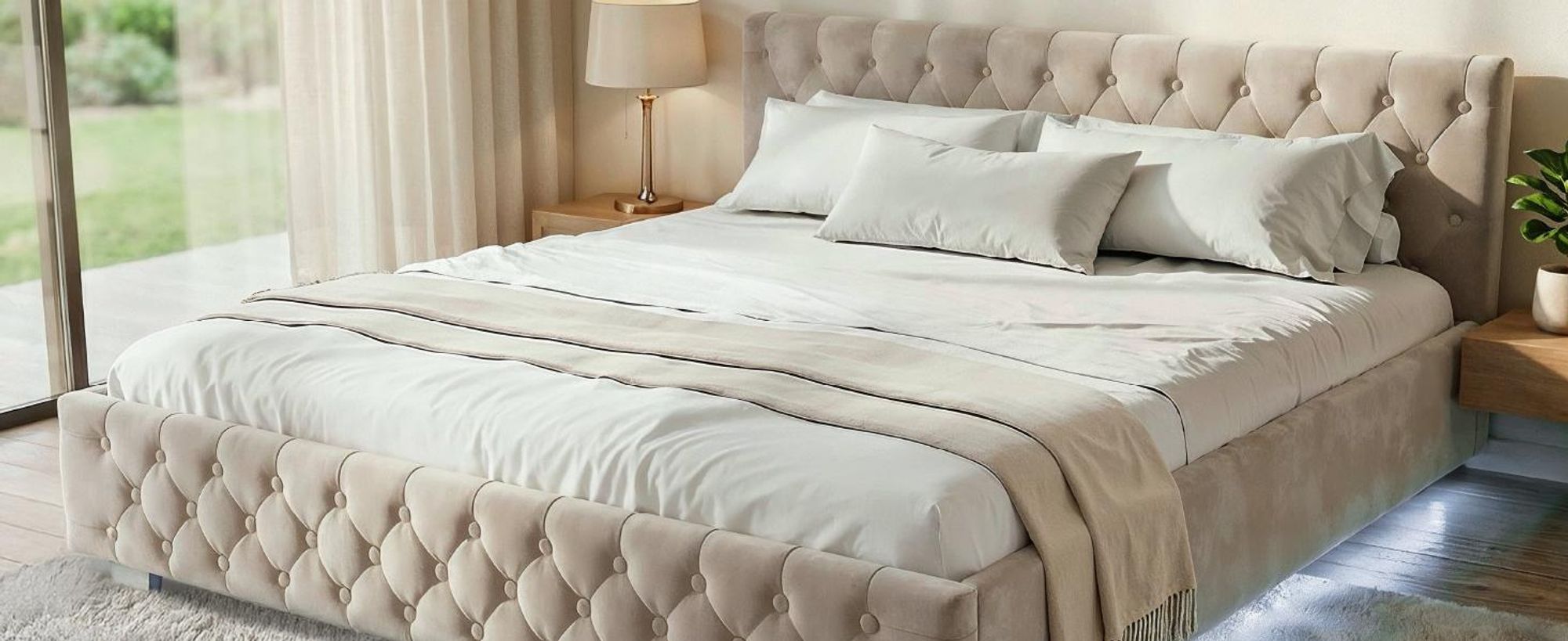 Juskys Polsterbett Nizza 180x200 cm mit Matratze - Bettgestell mit Lattenrost, Stauraum & LED Beleuchtung – Samtbezug, Chesterfield-Steppung - Beige
