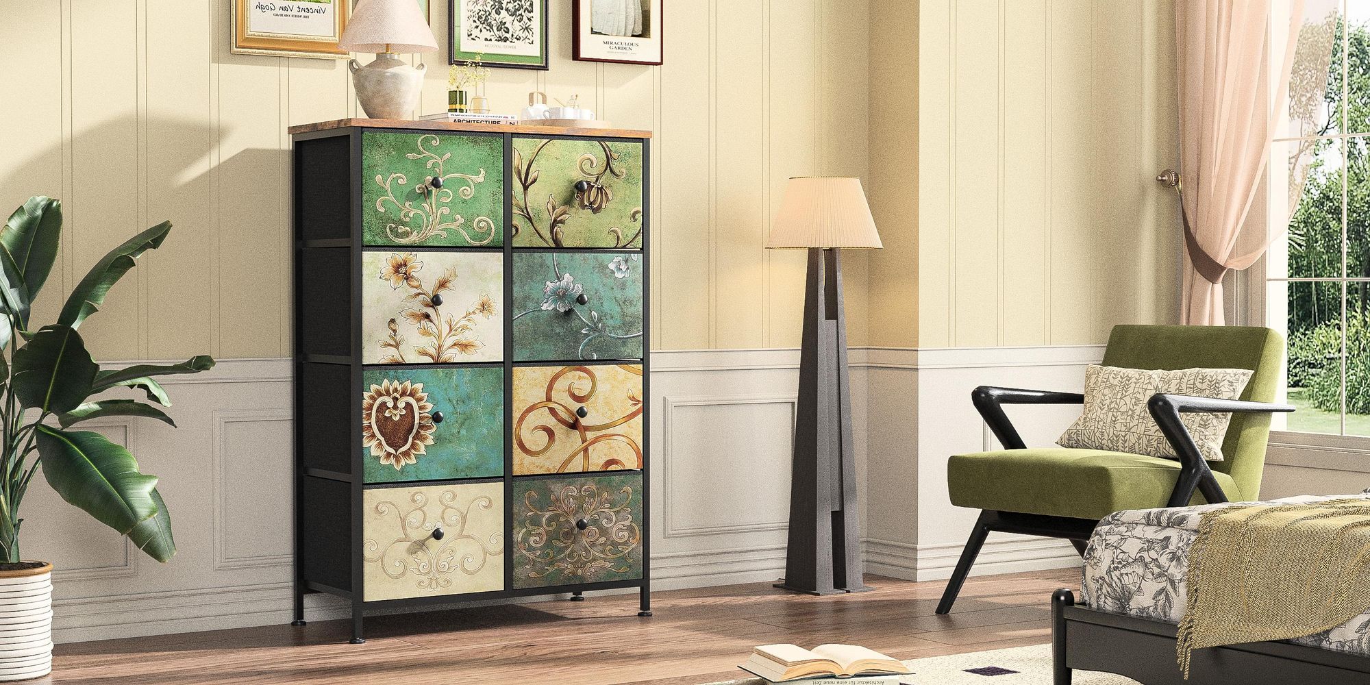 INONEFT Kommode mit 8 Schubladen aus Stoff, 67.5x30x100cm Kommodenschrank für Schlafzimmer, Sideboard, Metallrahmen Holzoberfläche,Vintage-Blumenmotiv