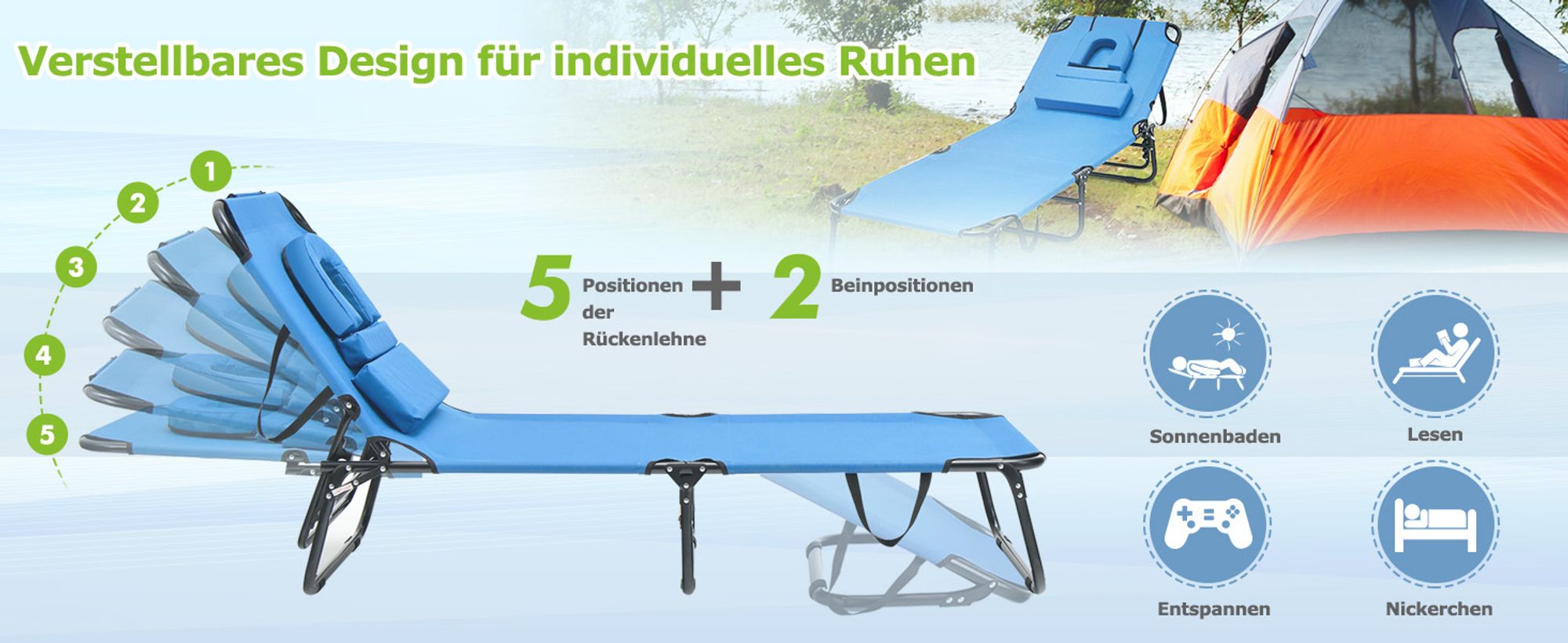 COSTWAY Gartenliege klappbar, Sonnenliege mit Gesichtsöffnung, 3 Kissen & verstellbarer Rückenlehne, Strandliege Liegestuhl bis 150kg 194x63x37cm