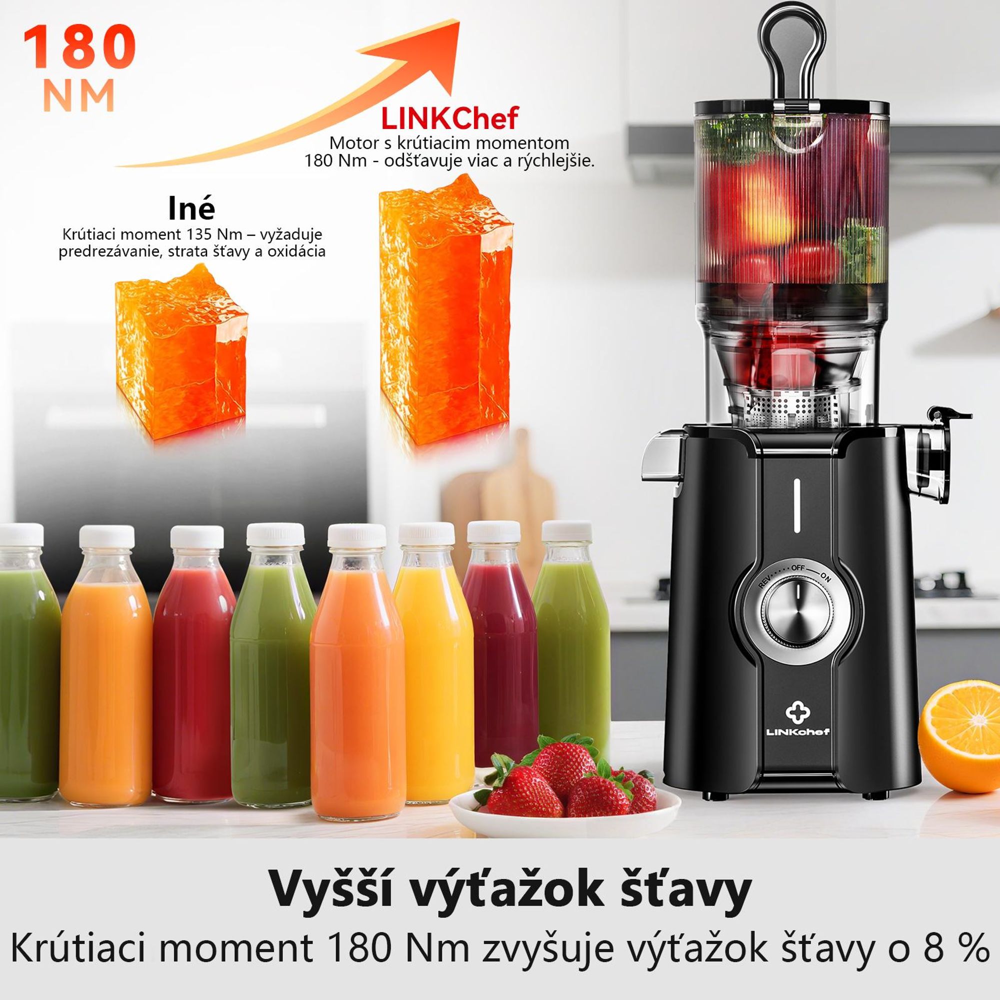 LINKChef SJ-051-EU-BL Pomalý Odšťavovač - 200W Výkon 1.2L Veľká kapacita Dva podávacie tácky Ľahko sa čistí - čierna