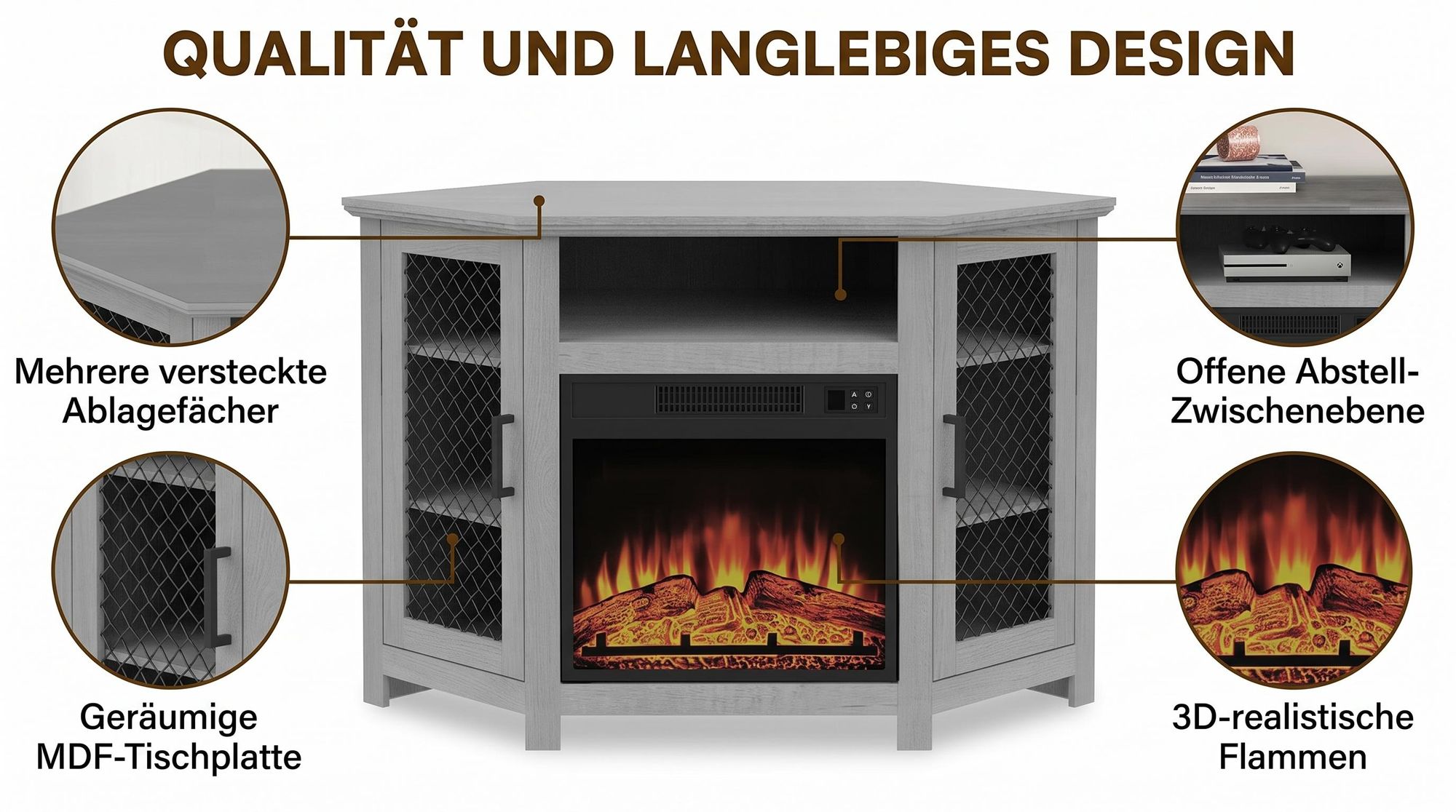 Parrot Uncle TV-Schrank für Fernseher bis 55 Zoll, MDF, Grau , mit 18" Elektrokamin, eignet sich für Eckaufstellung, 114x 56x 76 cm, 45 kg Tragkraft