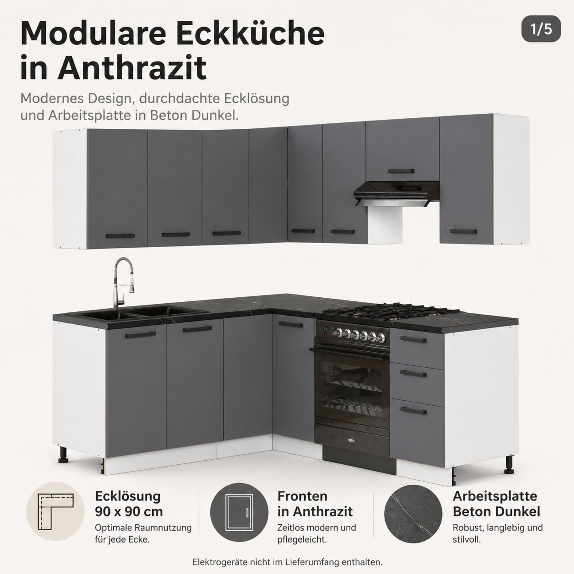 Modulare Eckküche in Anthrazit mit Arbeitsplatte Beton Dunkel und Ecklösung 90 x 90 cm.