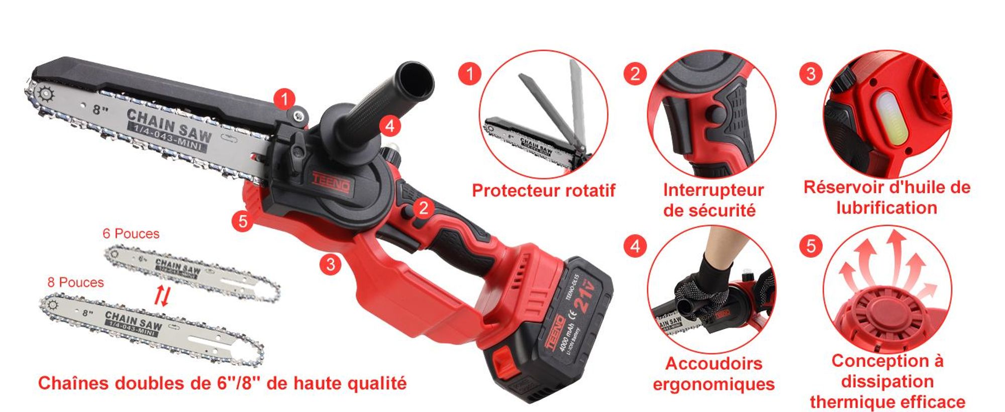 TEENO Tronconneuse a Batterie, Mini Tronçonneuse Électrique 6&8 Pouces 2-en-1, Kit avec 6 Chaînes (3×6"+3×8"),  2×4000mAh, 5500 tr/min, Taille Haie