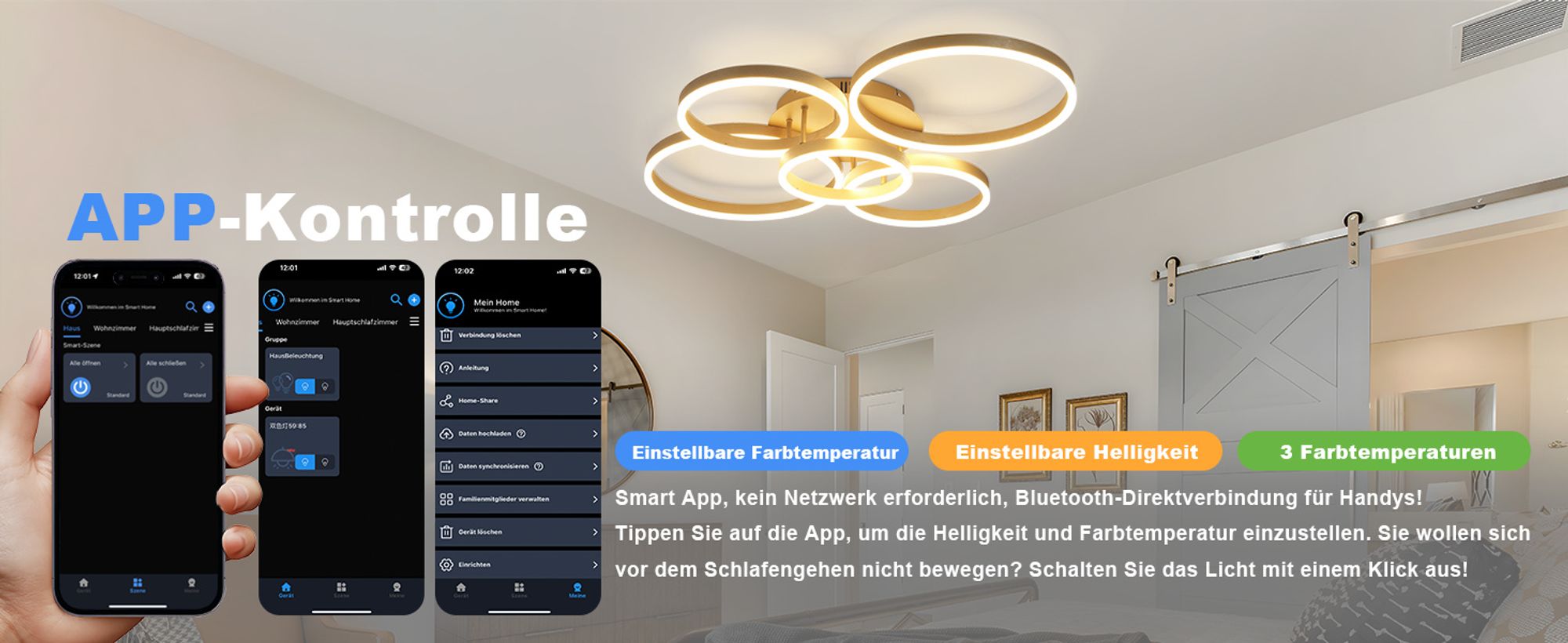 ZMH LED Deckenleuchte Wohnzimmer Deckenlampe Gold Dimmbar mit Fernbedienung 78W 5 Ringen Wohnzimmerlampe Schlafzimmerlampe Acryl Deckenbeleuchtung