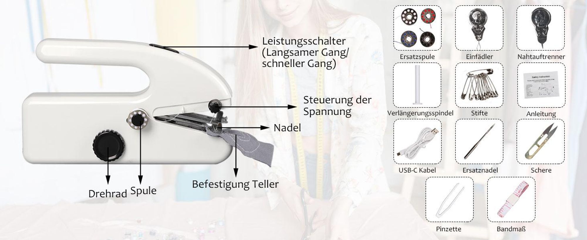 Nähmaschine, Handnähmaschine, Elektrische Reisenähmaschine, Mini-Nähmaschine, 2 Geschwindigkeiten, für Anfänger & Schnelle Reparaturen an Kleidung