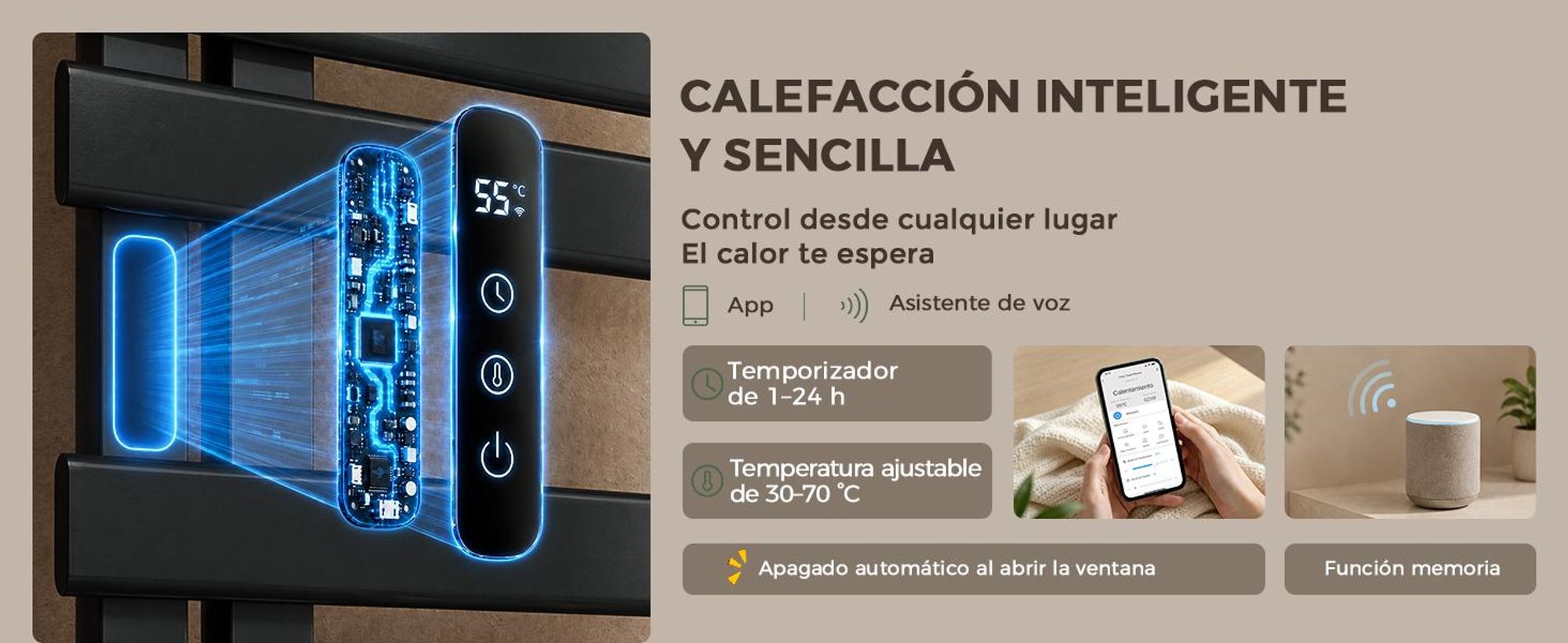 S'AFIELINA Scaldasalviette Elettrico con Ripiano 1050×500 mm 335 W Nero,Termoarredo WiFi, Riscaldamento in Fibra di Carbonio, 6 Modalità