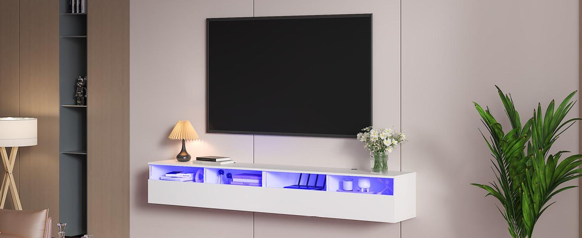 Radelldar Lowboard mit LED-Beleuchtung, TV-Schrank, hängend, grifflose TV-Board, 4 Schubladen mit Acryl,  200 cm, Weiß
