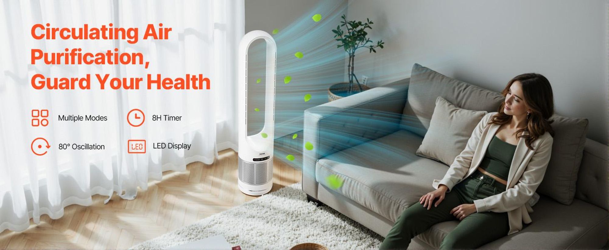 VEVOR Turmventilator ohne Flügel, 4,7 m/s, 80°-Oszillationsventilator, 8 Geschwindigkeiten, 8-Stunden-Timer, H13-HEPA-Filterung, Fernbedienung und Luftreinigungsmodus