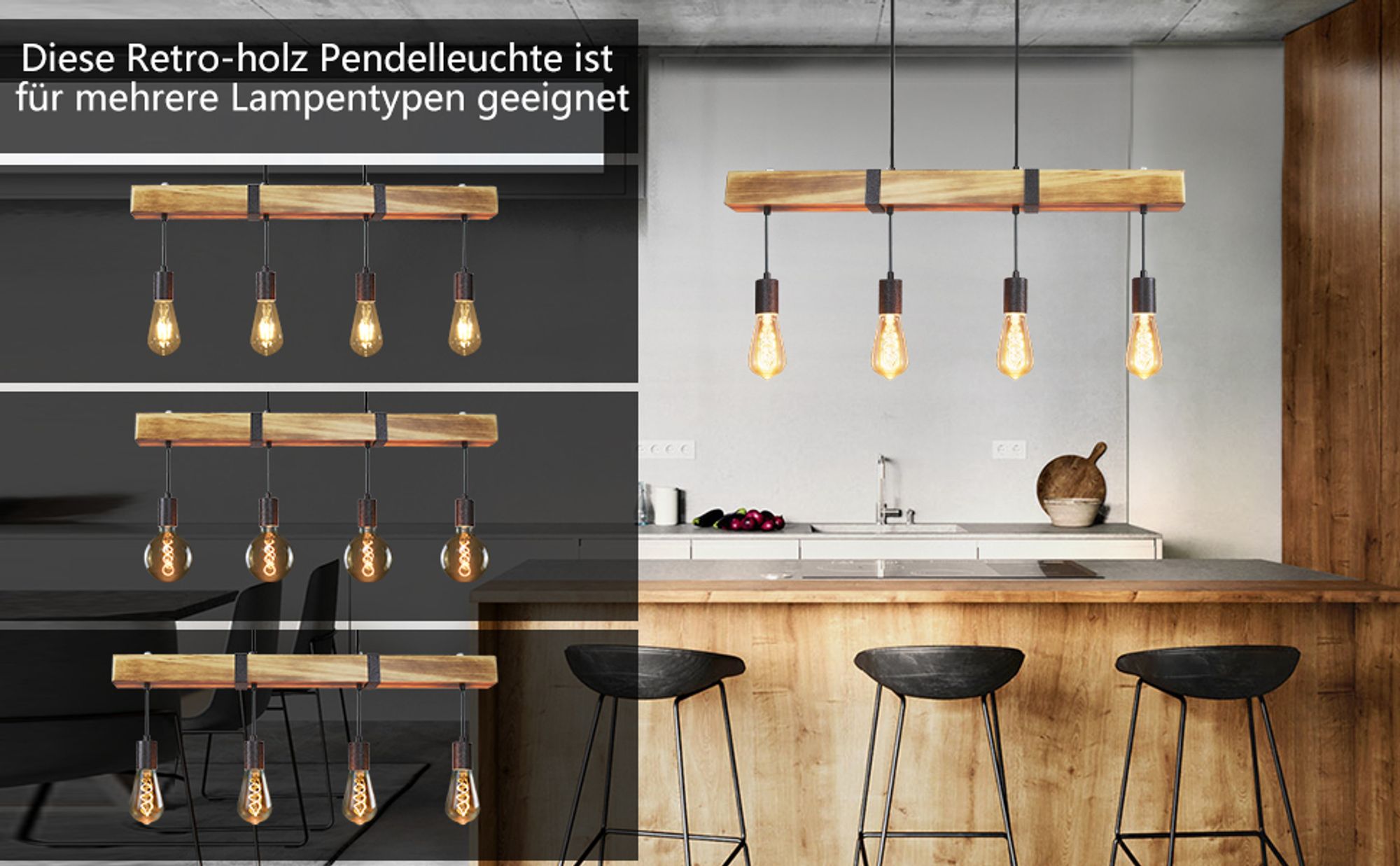 ZMH závesné svetlo vintage drevo jedálenská stolová lampa retro výškovo nastaviteľné závesné svetlo s 80CM dreveným nosníkom do jedálne kuchyne