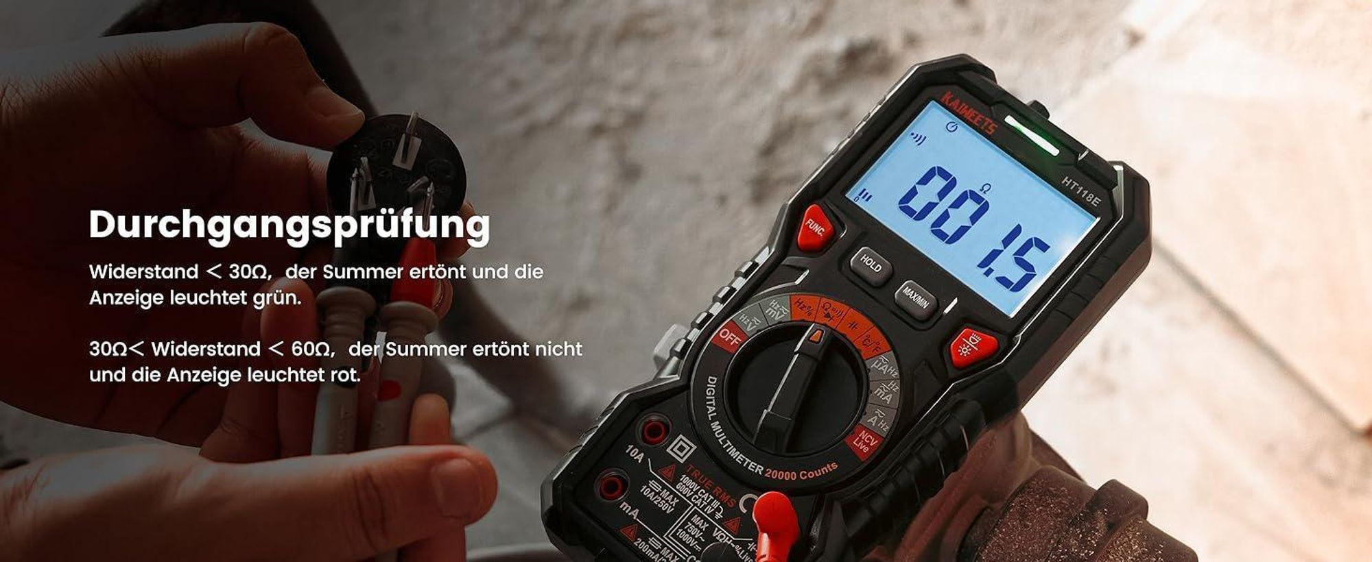 Digital Multimeter mit LED-Buchsen, KAIWEETS HT118E Strommessgerät, True RMS Auto-Range 20000 Zähler, misst Spannung,Kapazität, Temperatur, Widerstand