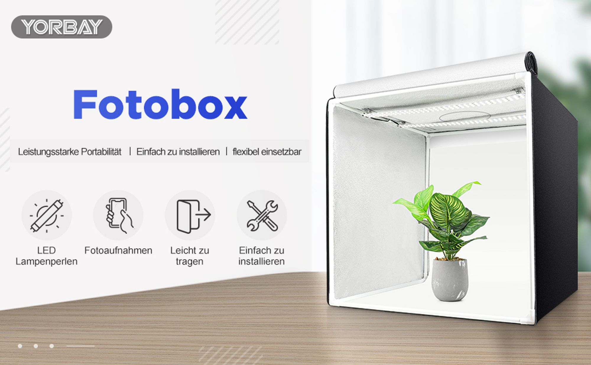 Yorbay Fotostudio Set 60 x 60 x 60cm LED-Fotobox Lichtbox Lichtwürfel Fotografie Lichtzelt inkl. 4 PVC-Hintergrundfolien (schwarz, rein weiß, warm-weiß, orange) Mehrweg