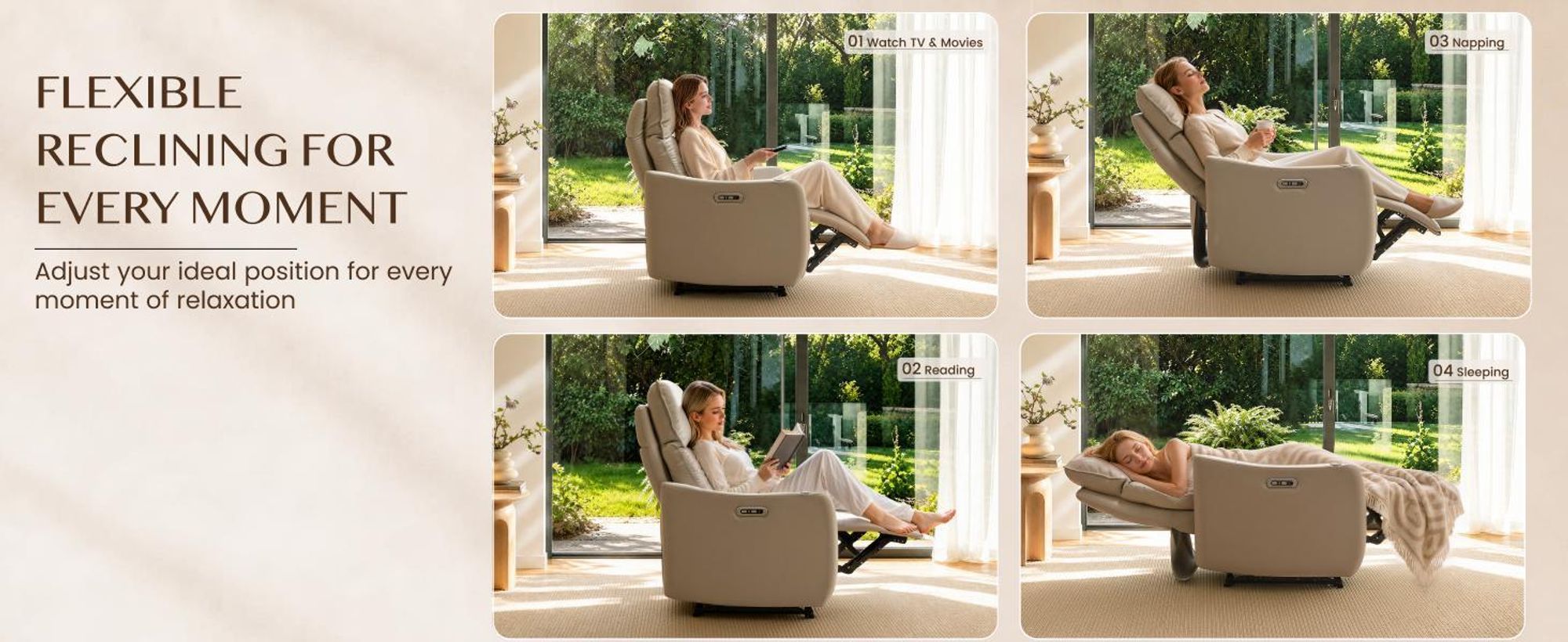 FLEXISPOT Lune Pro Elektrischer Relaxsessel, Doppelmotor, Echtleder, 180° Liegefunktion, 3-fach Kopfstütze, USB-Anschluss & 360° Schwenktisch, Beige