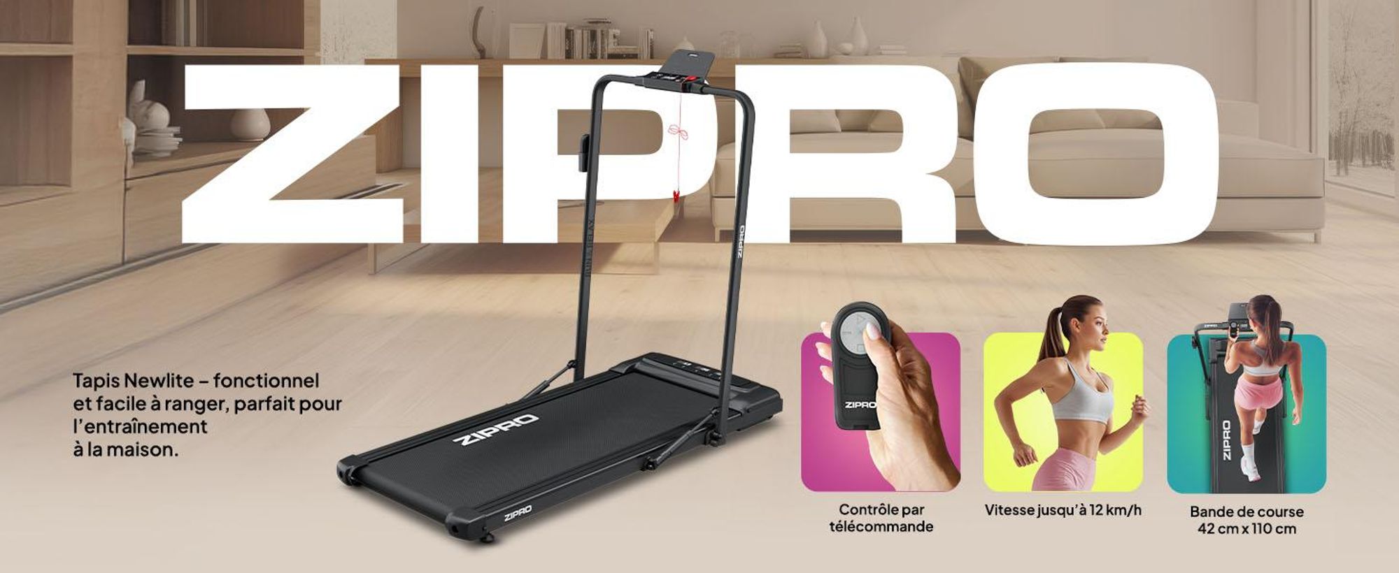 Tapis de course pliable ZIPRO Newlite - Tapis de course sous bureau Walking Pad pour la maison jusqu'à 10 km/h Appareil de fitness Télécommande Bluetooth