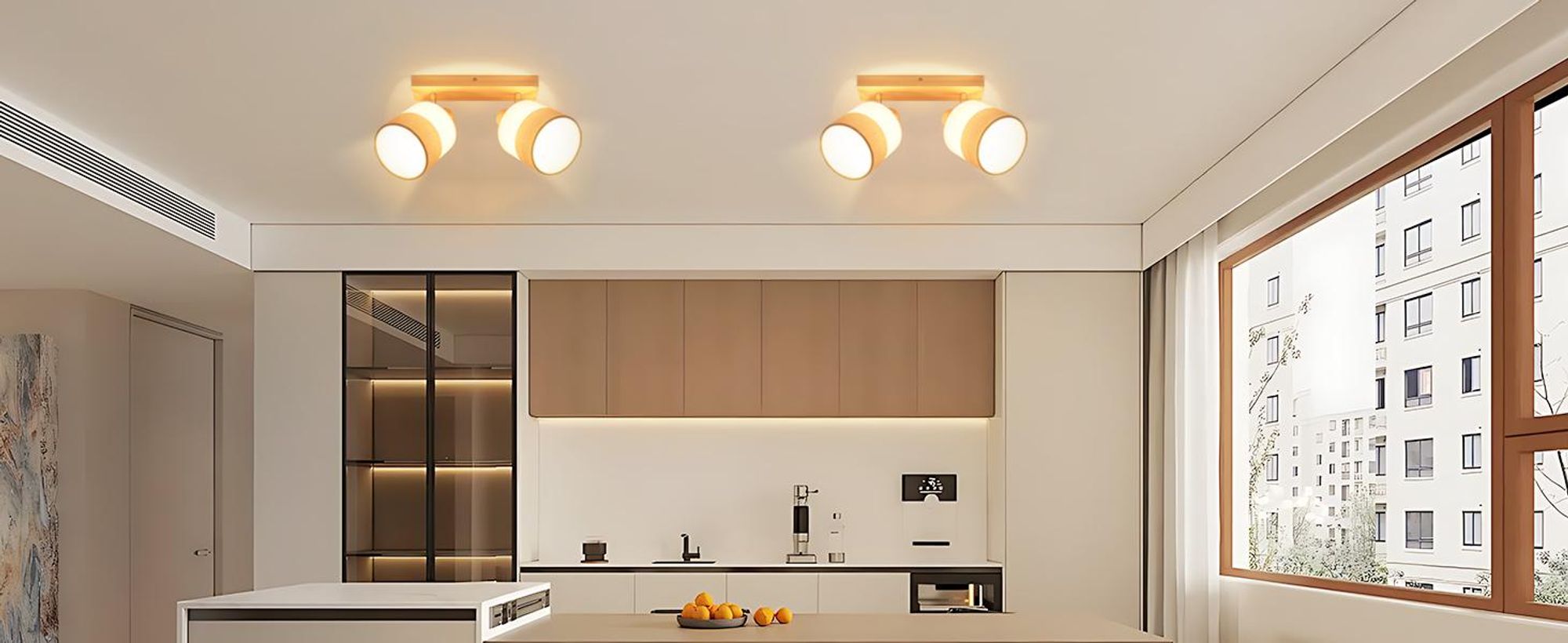 ZMH LED Lampa sufitowa , 2 płomienie, reflektor sufitowy do przedpokoju drewno, E14,reflektor vintage, tkanina, obrotowy spot 350°, bez żarówek