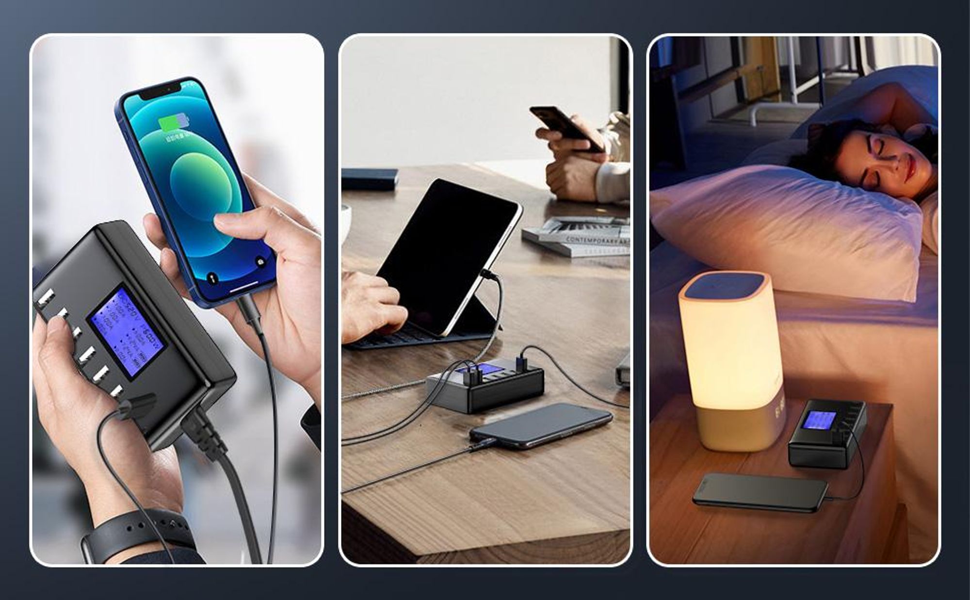 USB Ladegerät, USB Ladestation, 60W 12A 8 Ports Ladestation für Mehrere Geräte, mit LCD Display, USB C Hub für iPhone iPad Android Samsung Huawei