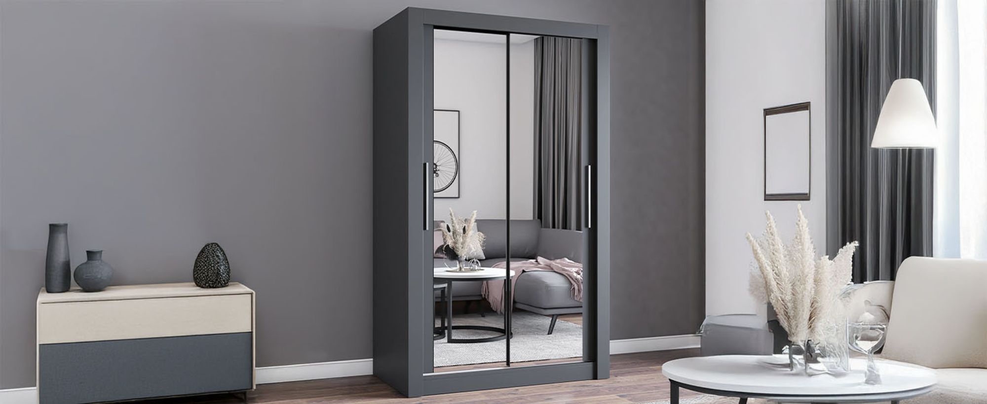 Schwebetürenschrank Kleiderschrank Schrank 120cm Grau/Grau mit zwei Spiegeln MILAN