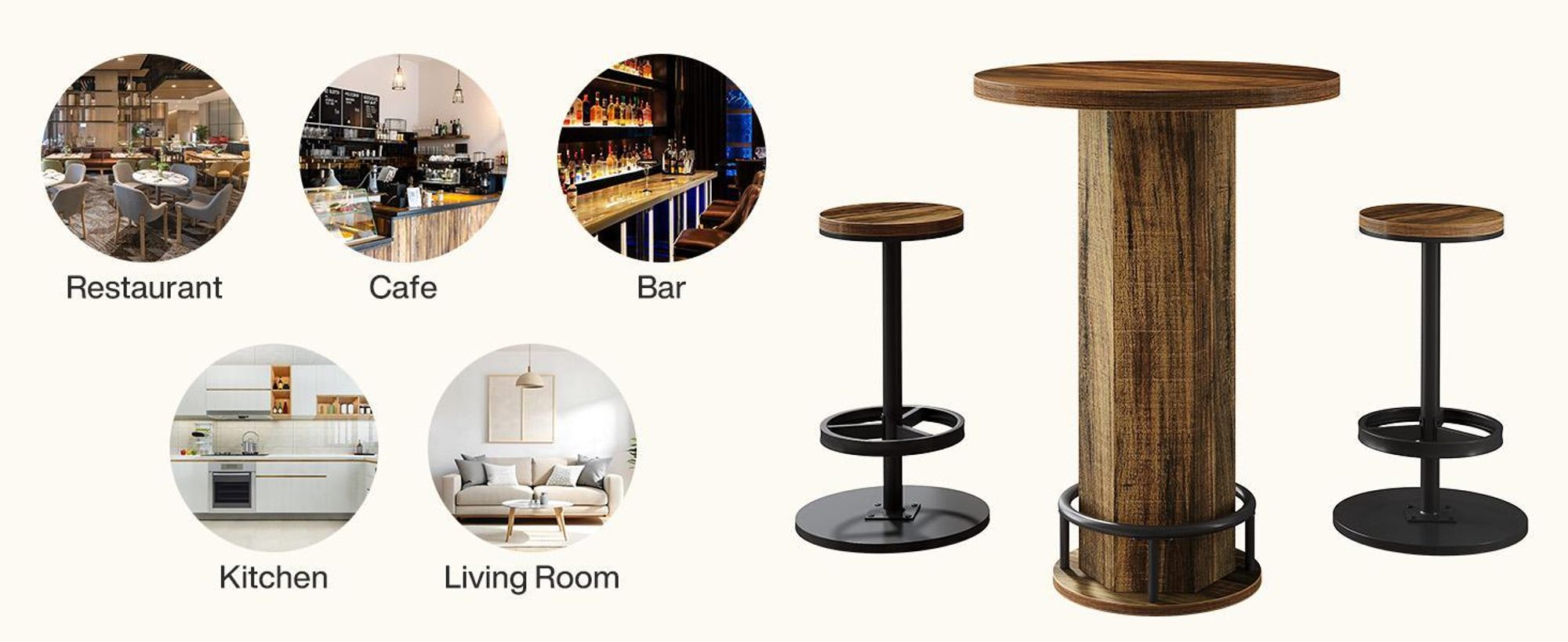 Tribesigns table de bar ronde avec chaises, set de bistrot industriel avec 2 tabourets de bar, table haute avec repose-pieds en anneau métallique coin cuisine, petite pièce