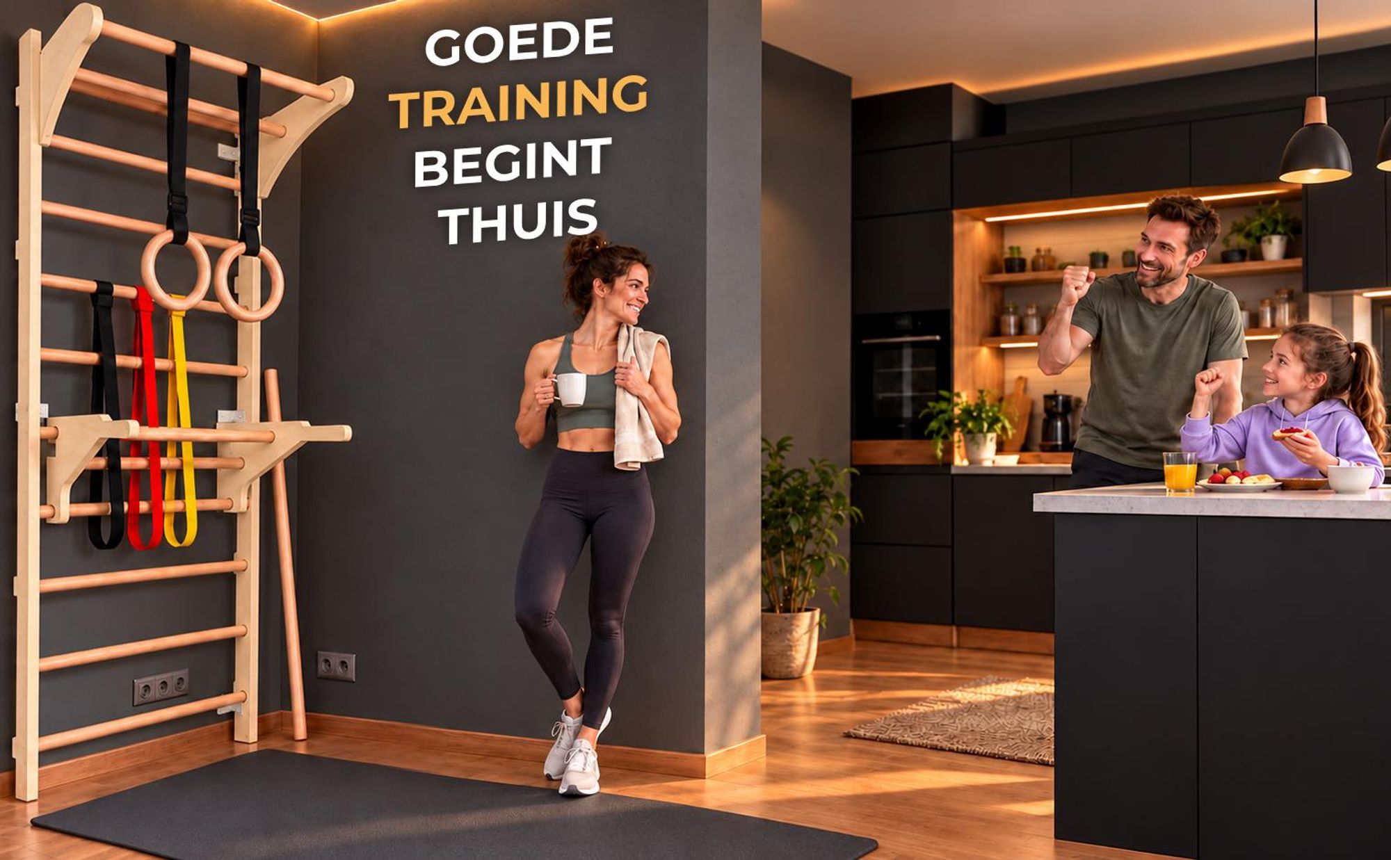 MAMOI Zweedse ladder met optrekhandgreep, weerstandsbanden en stok