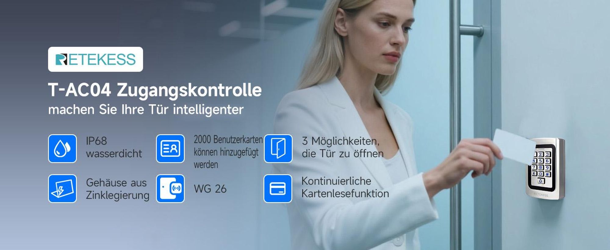 Retekess T-AC04 Smart Türschloss IP68 Zugangssystem PIN 125KHz RFID Wasserdicht Hinterleuchtet Diebstahlsicherung, Geeignet für Apartment Geschäfte