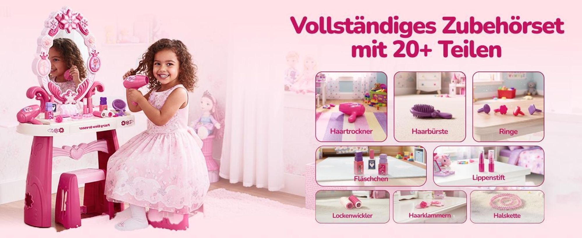Kinderplay Schminktisch Kinder mit Licht und Sound – Frisiertisch mit Hocker, Spiegel und 32 Zubehörteilen – Kosmetiktisch Spielzeug für Mädchen ab 3