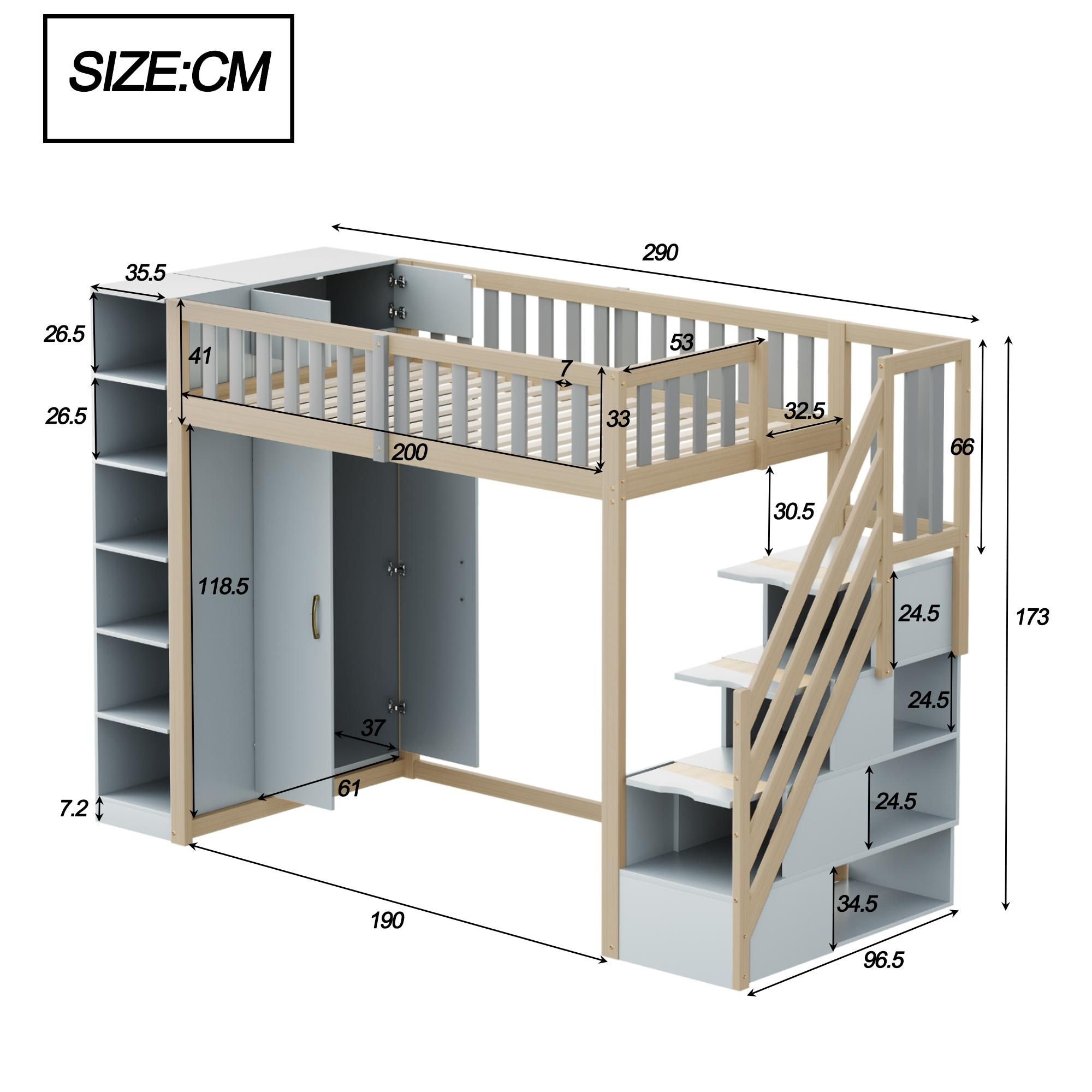 Flieks Etagenbett 90x200cm mit Kleiderschrank und Regal, Hochbett mit Treppe und Schubladen, Kinderbett mit Rausfallschutz & Lattenrost, Grau