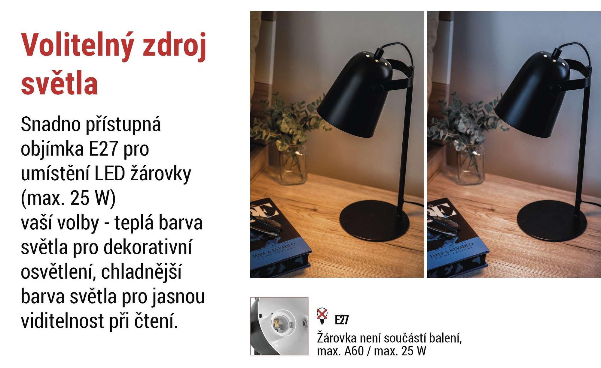 EMOS Designová stolní lampa NINA z kovu s paticí E27, lampička s kabelem 150 cm a eurozástrčkou, bez žárovky, černá, Z7642B