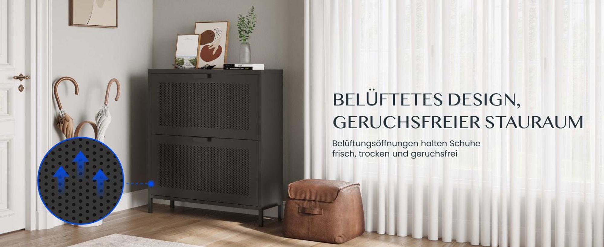 FLEXISPOT Schuhschrank Metall mit 2 Klappen, platzsparender Schuhkipper mit Belüftungslöchern, stabile Stahlkonstruktion, Schwarz