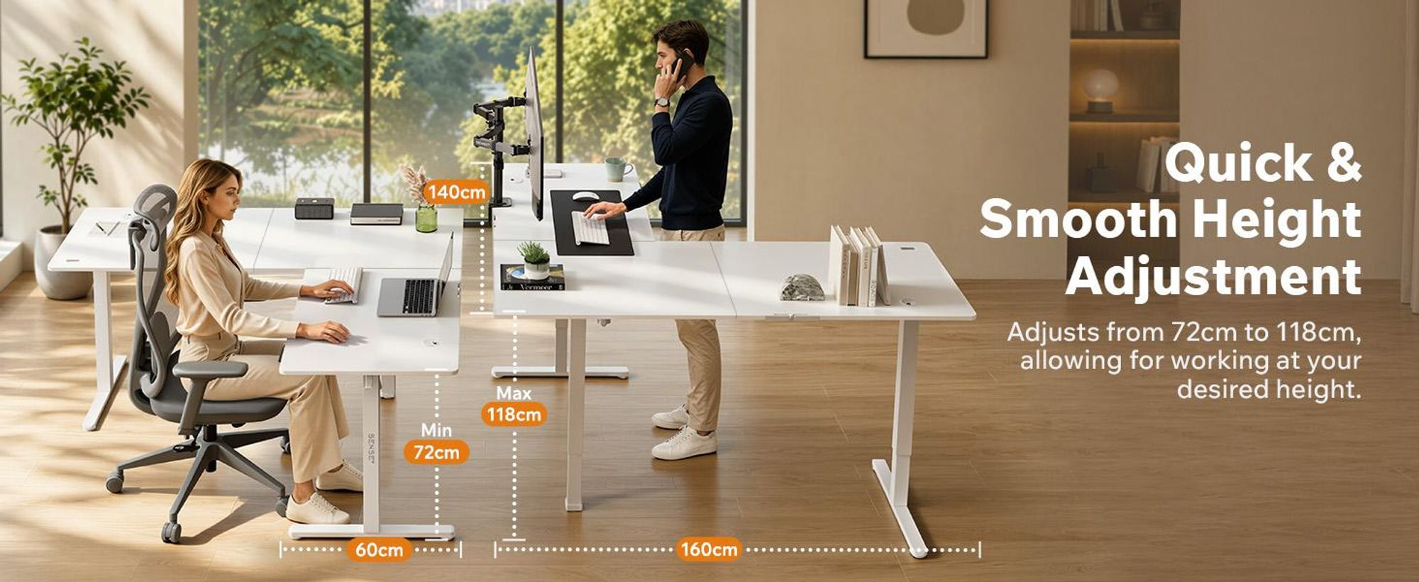 SENSE7 NOJO, rohový písací stôl, model Light Corner, elektricky nastaviteľná výška, rozmer 160x140, tvar "L", stojací písací stôl, dvojitý motor, nastaviteľná výška s pamäťou, biela farba, počítačový stôl