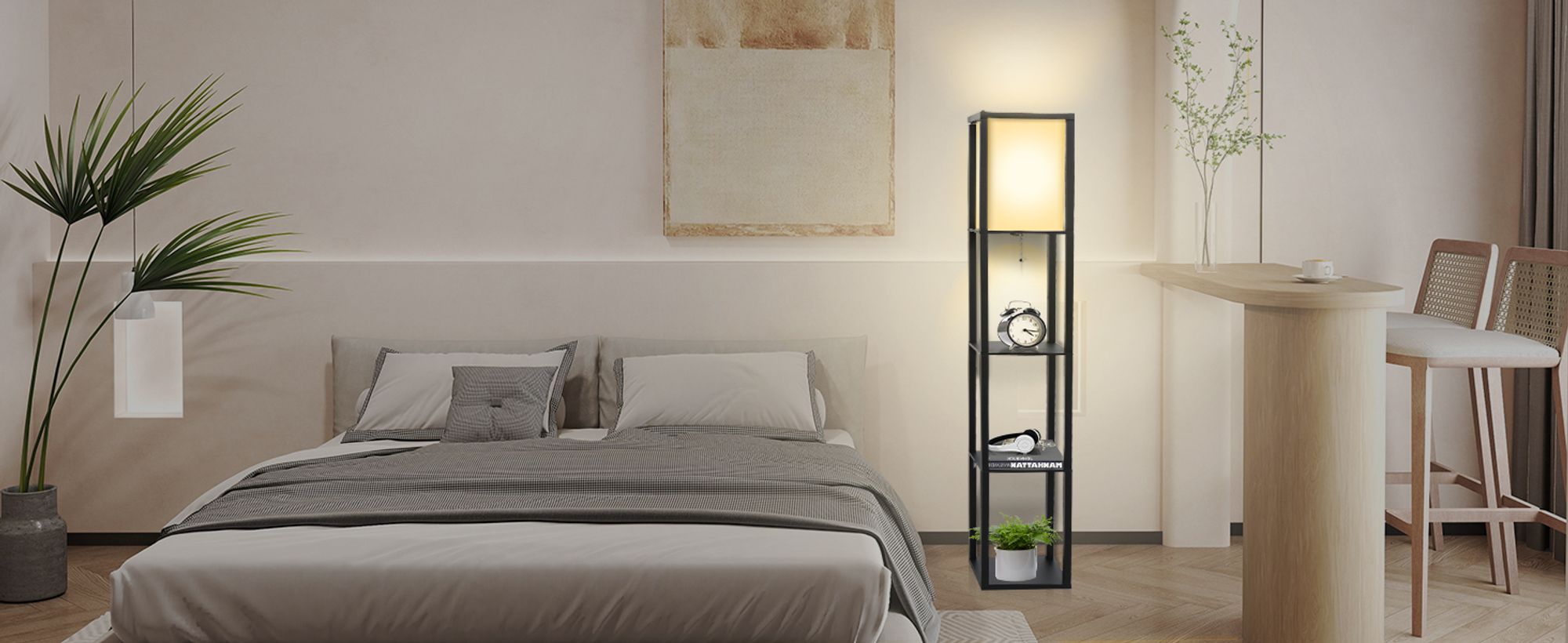 Puluomis 3 Ebene Stehlampe Stehleuchte Standleuchte standlampe Bodenlampe, E27 Innenbeleuchtung für Schlafzimmer Wohnzimmer Holz Regal Schwarz 160cm