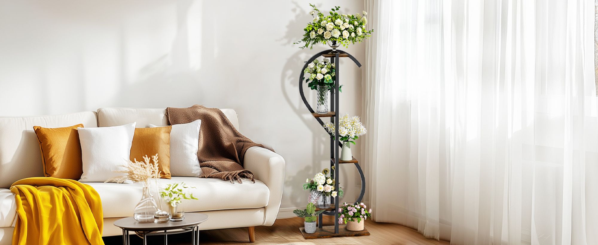 WISFOR Pflanzenständer, 5 Etagen Blumenregal Pflanzenregal, S-förmige Mehrstöckig Blumenständer Pflanzenständer, rustikales Braun, 55 x 26 x 153 cm