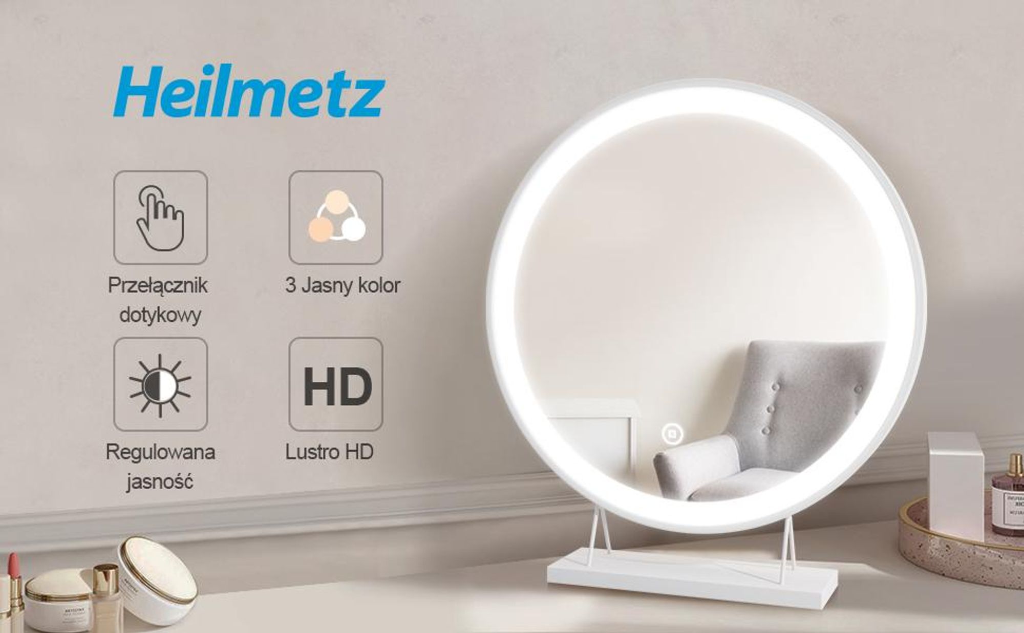 Heilmetz lusterko do makijażu z oświetleniem Φ40cm Białe lusterko kosmetyczne LED Lusterko stołowe 3 kolory światła Ciepła biel/Neutralna/Zimna biel (Możliwość ściemniania 3000-6500K) Dotykowe