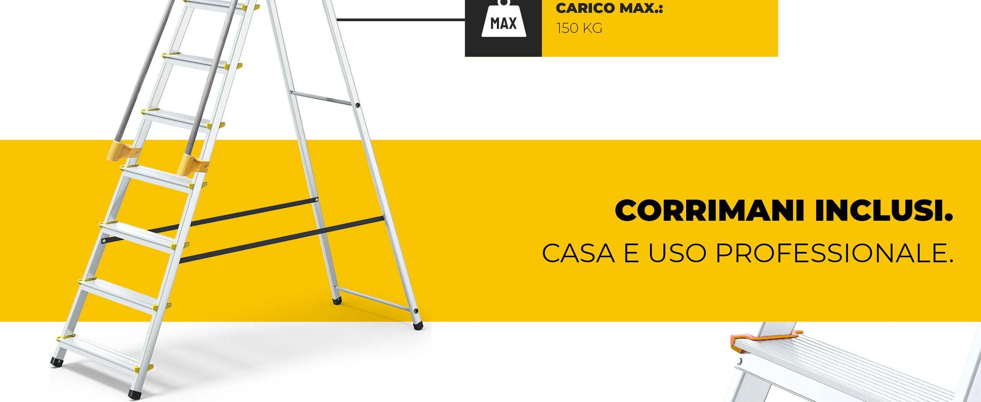Drabest | Scala - 8 gradini, portata 150 kg - Scala con corrimano, scala in alluminio, piedini antiscivolo, scala a gradini, scala pieghevole