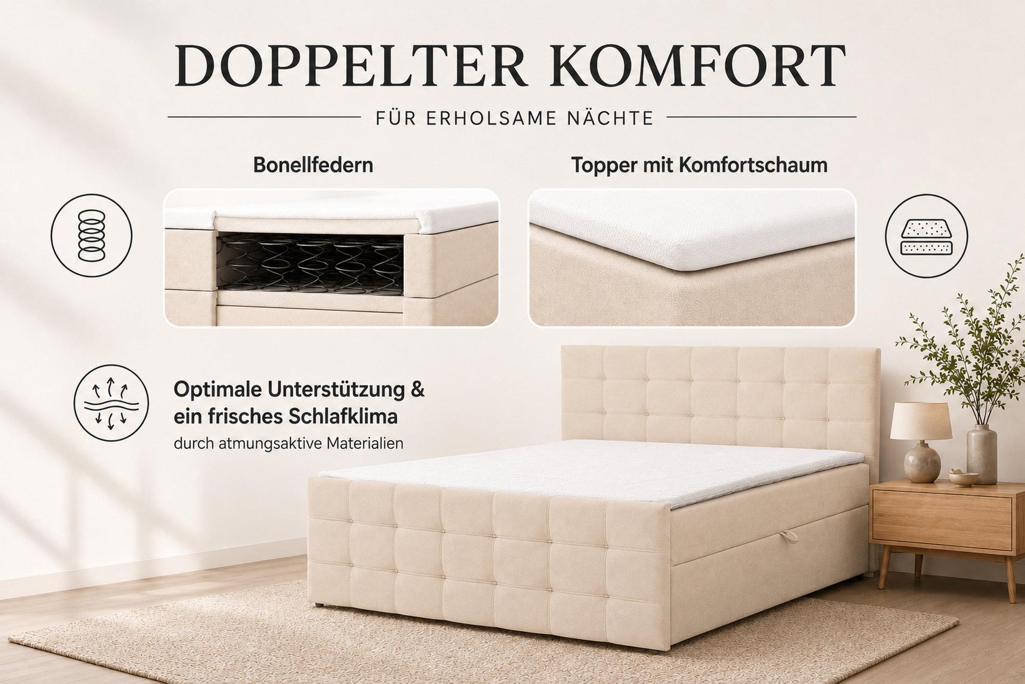 VENASI Boxspringbett 180x200 mit Bettkasten, Natalie Doppelbett Schwarz Velourstoff