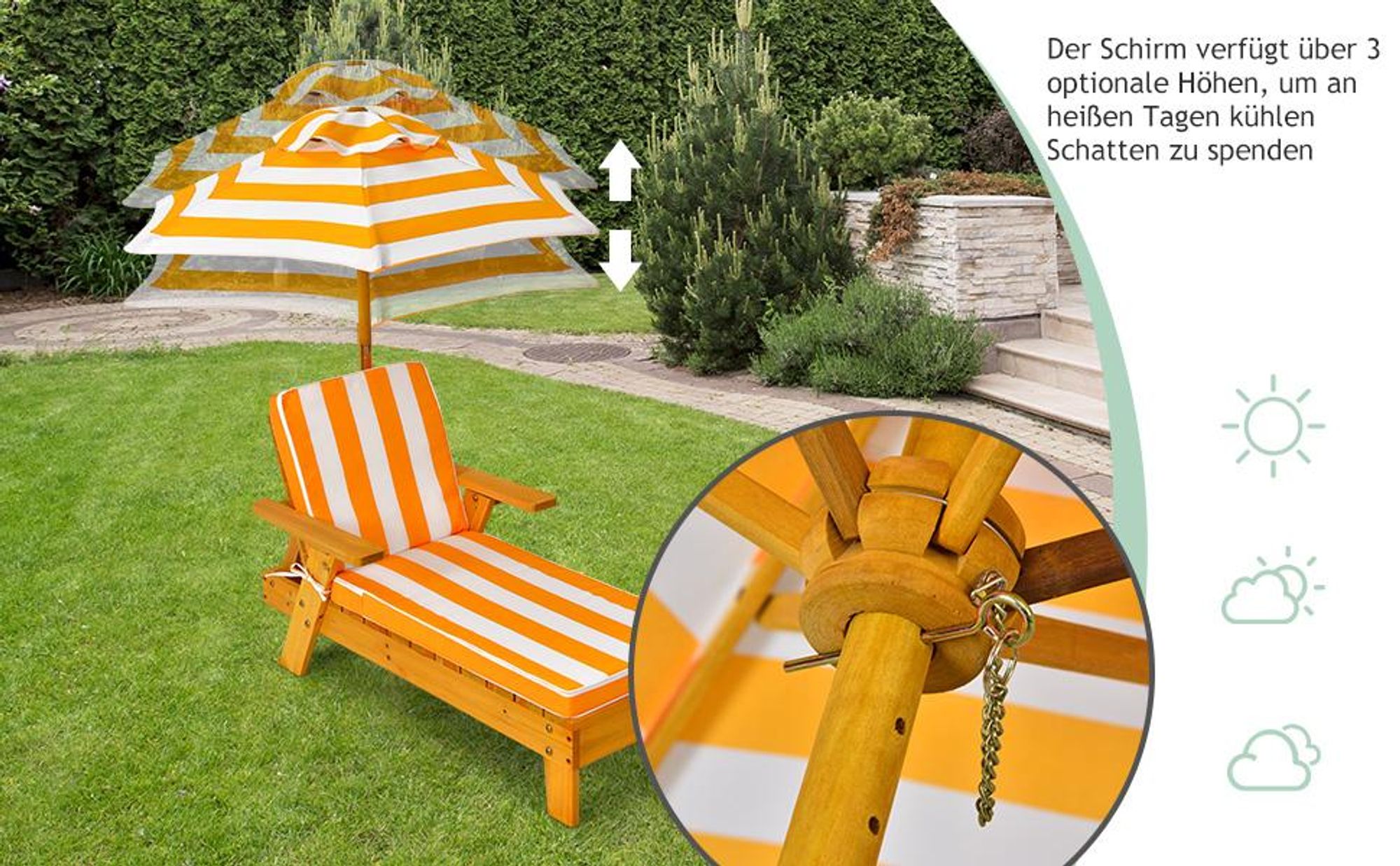 COSTWAY Kinder Sonnenliege mit Sonnenschirm, Kinderliege Holz, Gartenliege belastbar bis 50kg, Strandliege Holzliege, Kinderstuhl mit Kissen 92x49x106cm