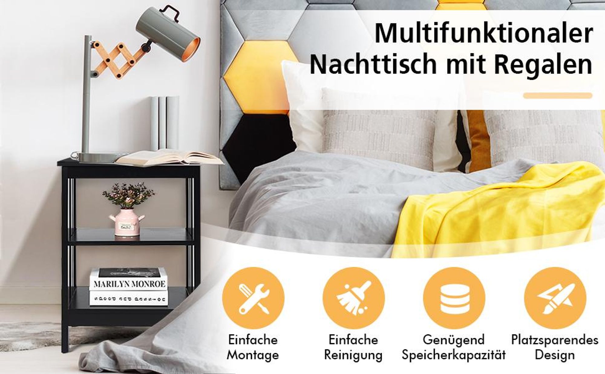 COSTWAY Nachttisch 3 Ebenen, 2er Set Beistelltisch Nachtschrank, Sofatisch Couchtisch für Schlafzimmer, Wohnzimmer 40x40x61cm (II-förmig, Braun)