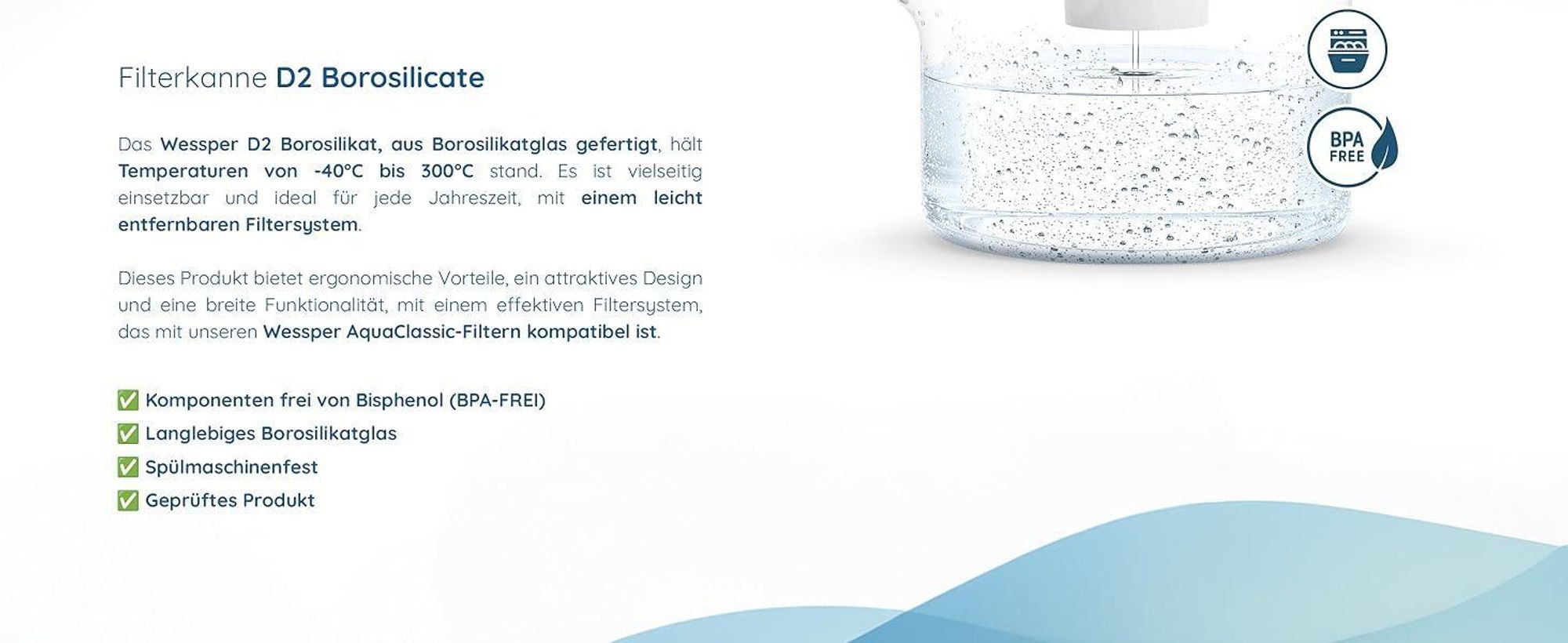 Wessper D2 BOROSILICATE Wasserfilterkanne 3 L Weiß – Glasfilterkanne mit 4 AquaClassic Filter, BPA-frei