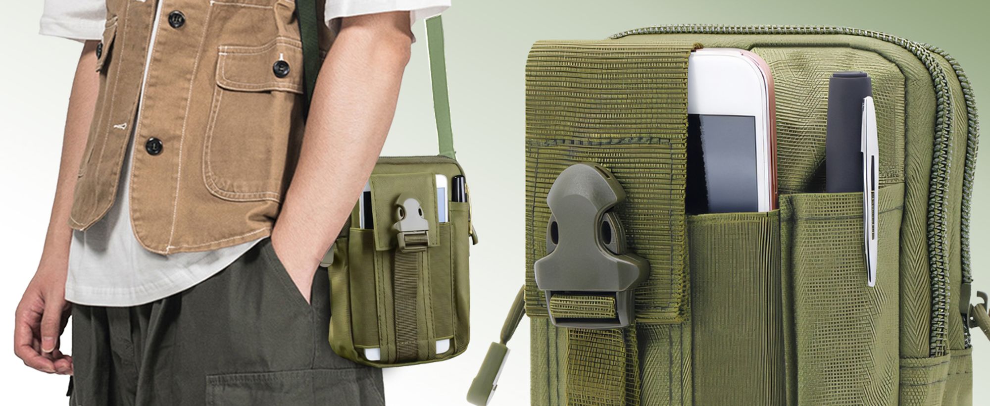 Bauchtasche, Gürteltasche, Hüfttasche | Damen Tasche | Herren Waistpack | Wasserabweisend | Taktisch, Sport, Outdoor, Reise | 2 Fächer, Grün | Retoo