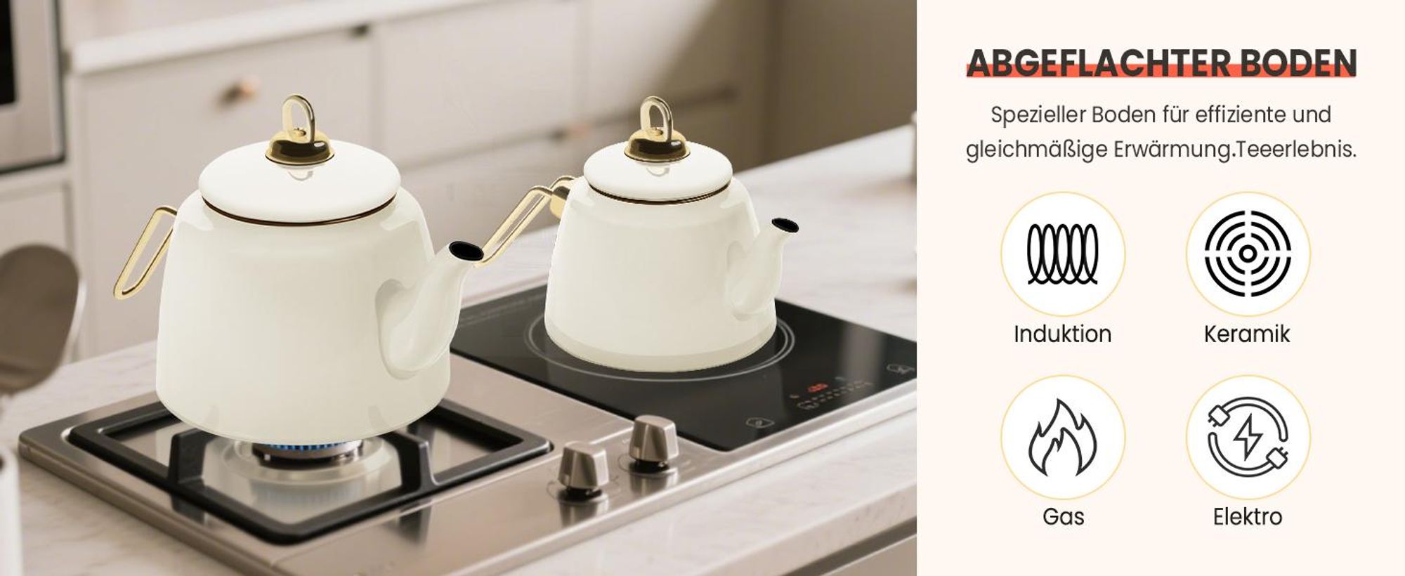 Homelux Teekanne Set, Wasserkessel Induktion Teekocher aus Emaille, Induktionsgeeignet, 2L+1L, Türkische teekanne, Caydanlik,Weiß