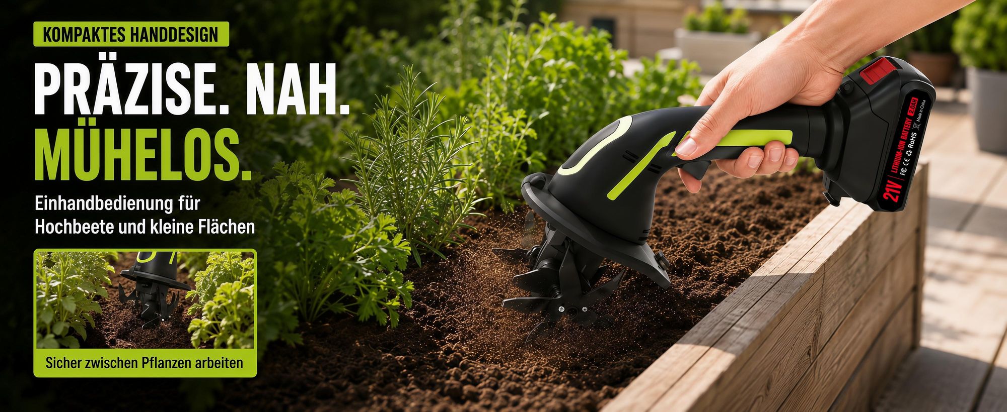 Multifunktionaler Mikro-Tiller, 100mm, elektrische Gartenfräse, 235 U/min, batteriebetriebener Rototiller für Gartenarbeit, 2 Akku und Ladegerät