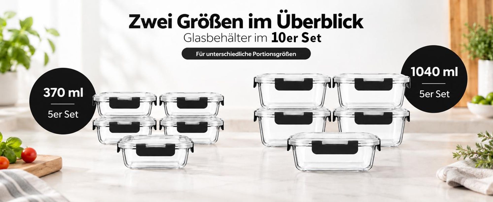 10er Set Frischhaltedosen Glas mit Deckel – 5×1040 ml + 5×370 ml, Vorratsdosen & Meal Prep Boxen, luftdicht, auslaufsicher, BPA-frei