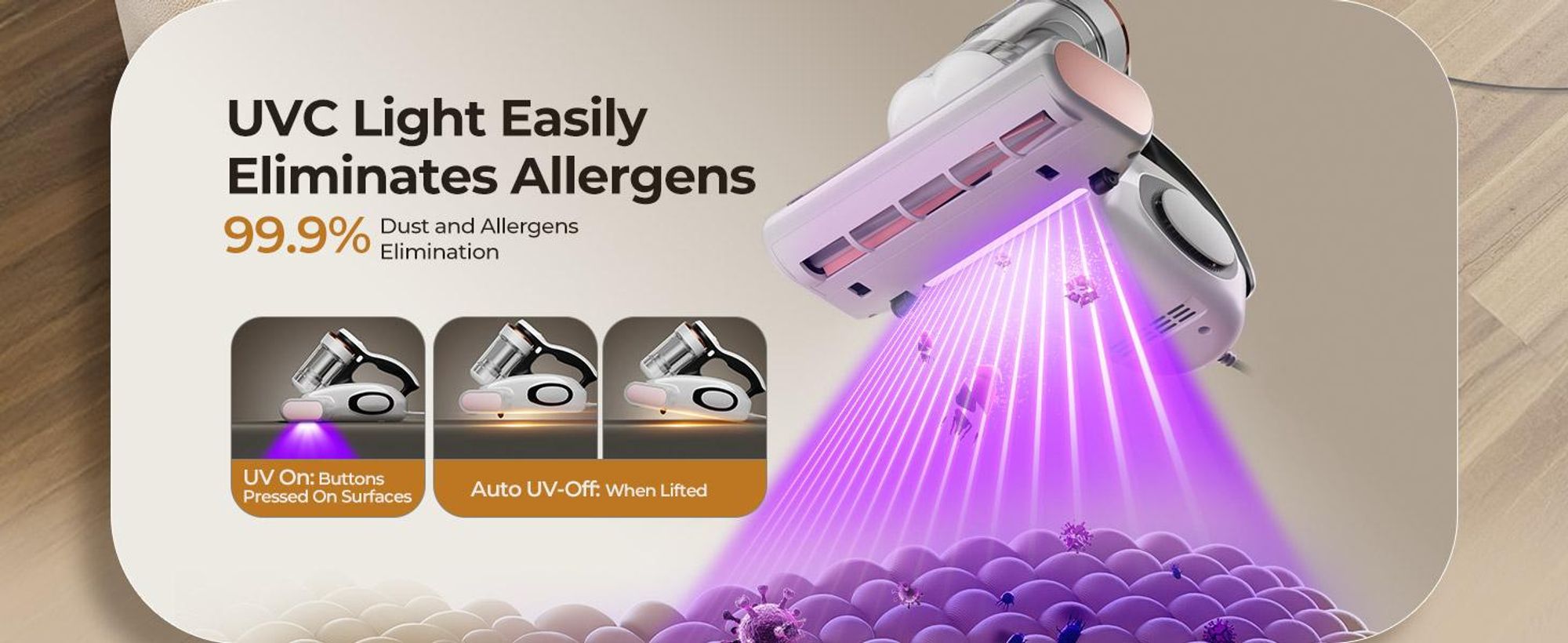 JIGOO J300 Aspirateur d'acariens 500W Aspirateur d'acariens avec lumière UV Aspirateur à main