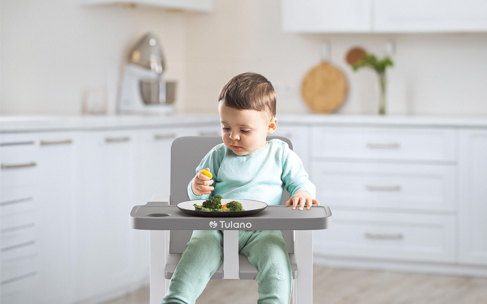 Klapphochstuhl Kinderhochstuhl Tulano Morsel 25 | Platzsparend Klappbar | ab 6 Monate bis 3 Jahre | Abnehmbare Tablett | 5-Punkt-Gurt | Grau/Weiß