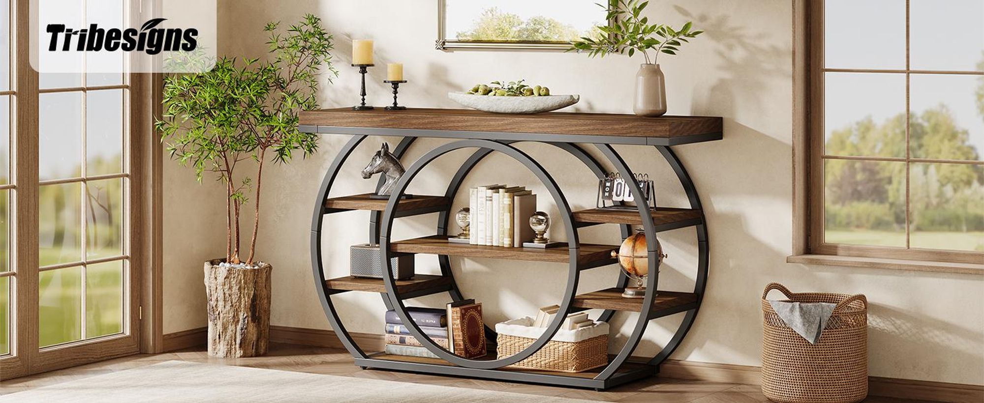 Konsolentisch, 120cm Sofatisch, Salon-Industrietisch mit 5 Ebenen Bücherregal, Beistelltisch