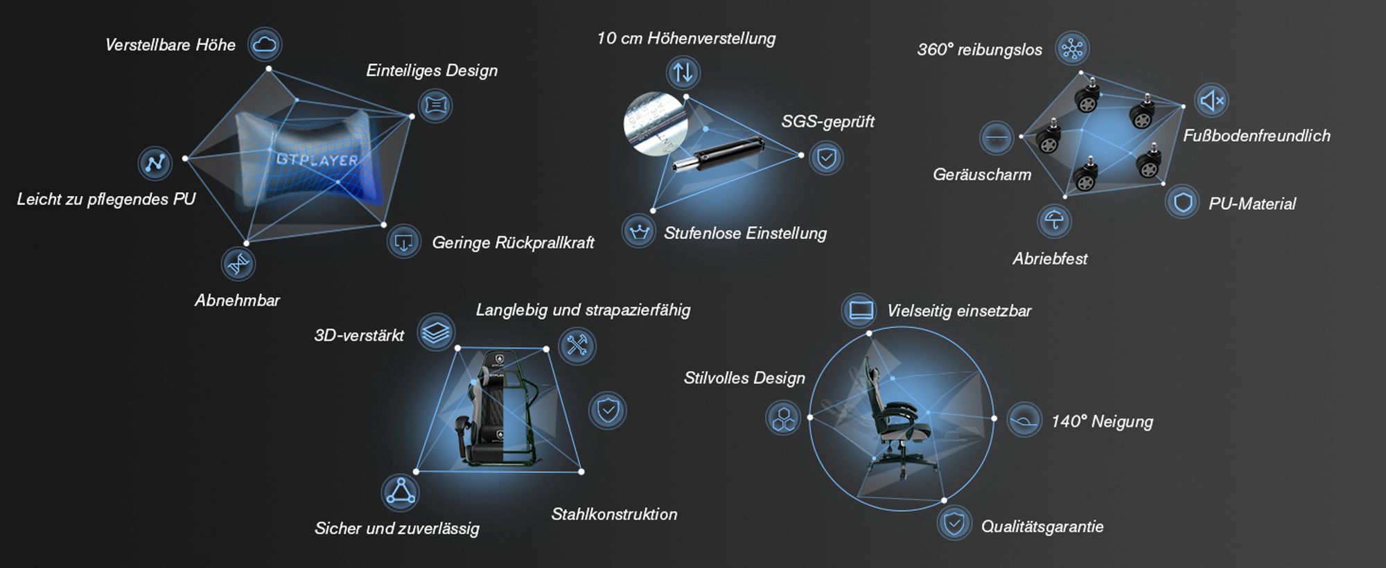 GTPLAYER Gaming-Stuhl Gamer Stuhl, Ergonomischer Bürostuhl mit Fußstütze, Gaming Sessel 150 kg Belastbarkeit, Kopfstütze und Lendenstütze grau
