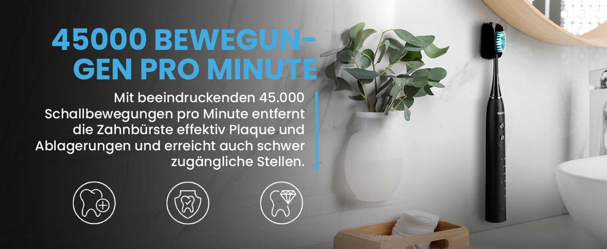 Schwarze Schallzahnbürste mit drei Intensitätsstufen und Reiseetui