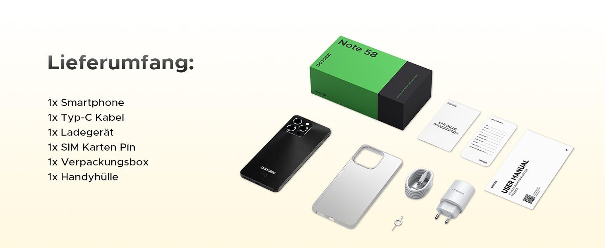 DOOGEE Note 58 Smartphone Handy, Android 16, 6,75" 90Hz, 6250mAh Akku, 32GB RAM+128GB ROM, 4G, 16MP, NFC, Gesichtserkennung, ohne Vertrag