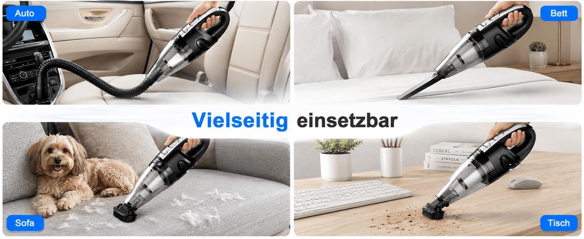 Handstaubsauger Akku 120W, Mini Staubsauger Kabellos für Auto Haushalt, Nass Trockensauger, Waschbarer HEPA Filter, USB Ladegerät, Zubehör