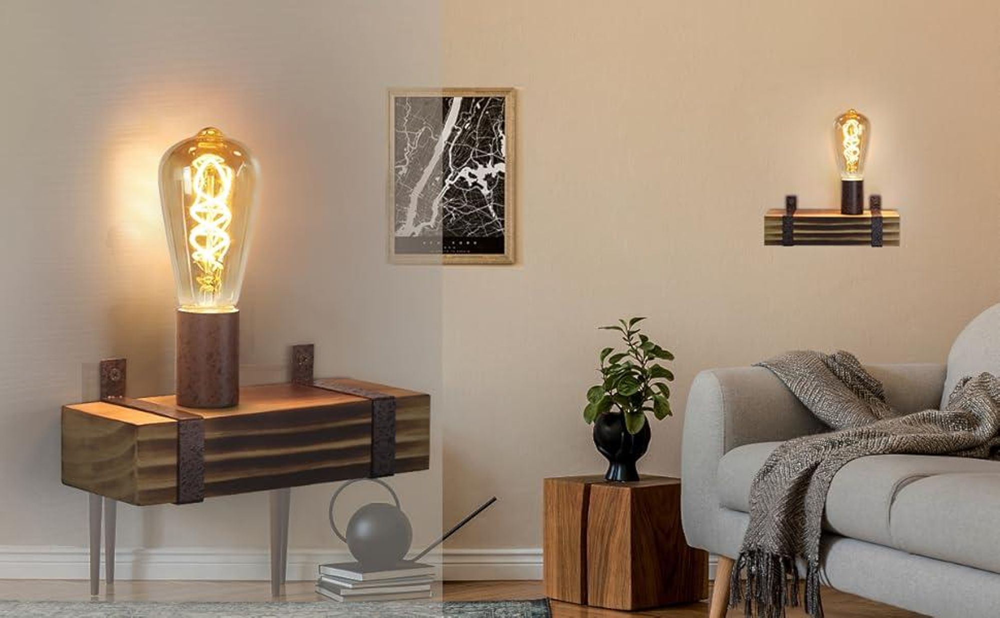 ZMH lampa ścienna vintage E27 drewniany kinkiet retro 23CM spot ścienny industrialny z gniazdem E27