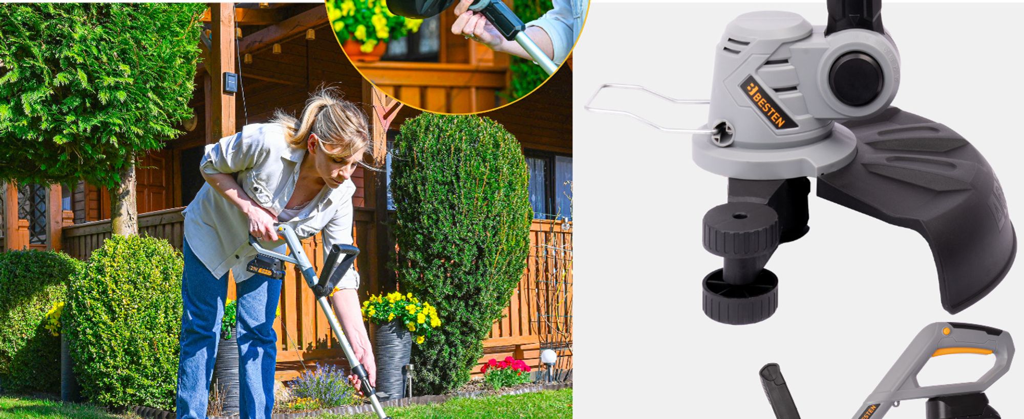 BESTEN Akku-Trimmer, Rasentrimmer, elektrischer Freischneider, 2x 2000mAh Akku, Set mit Nylonfäden und Klingen